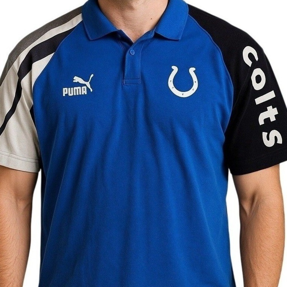 Indianapolis Colts Puma Polo Shirt Mens Sz L NFL Spell Out Sleeve Y2K Streetwear
